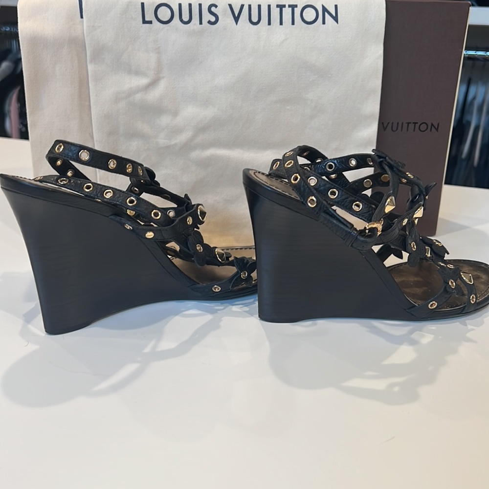 Louis Vuitton Black/Gold Wedge Sandals - Picture 2 of 15